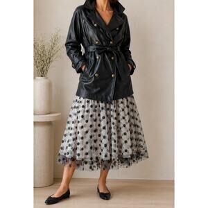 90s Leather Coat Size large Military Double Breasted Midi Fit Classic Vintage